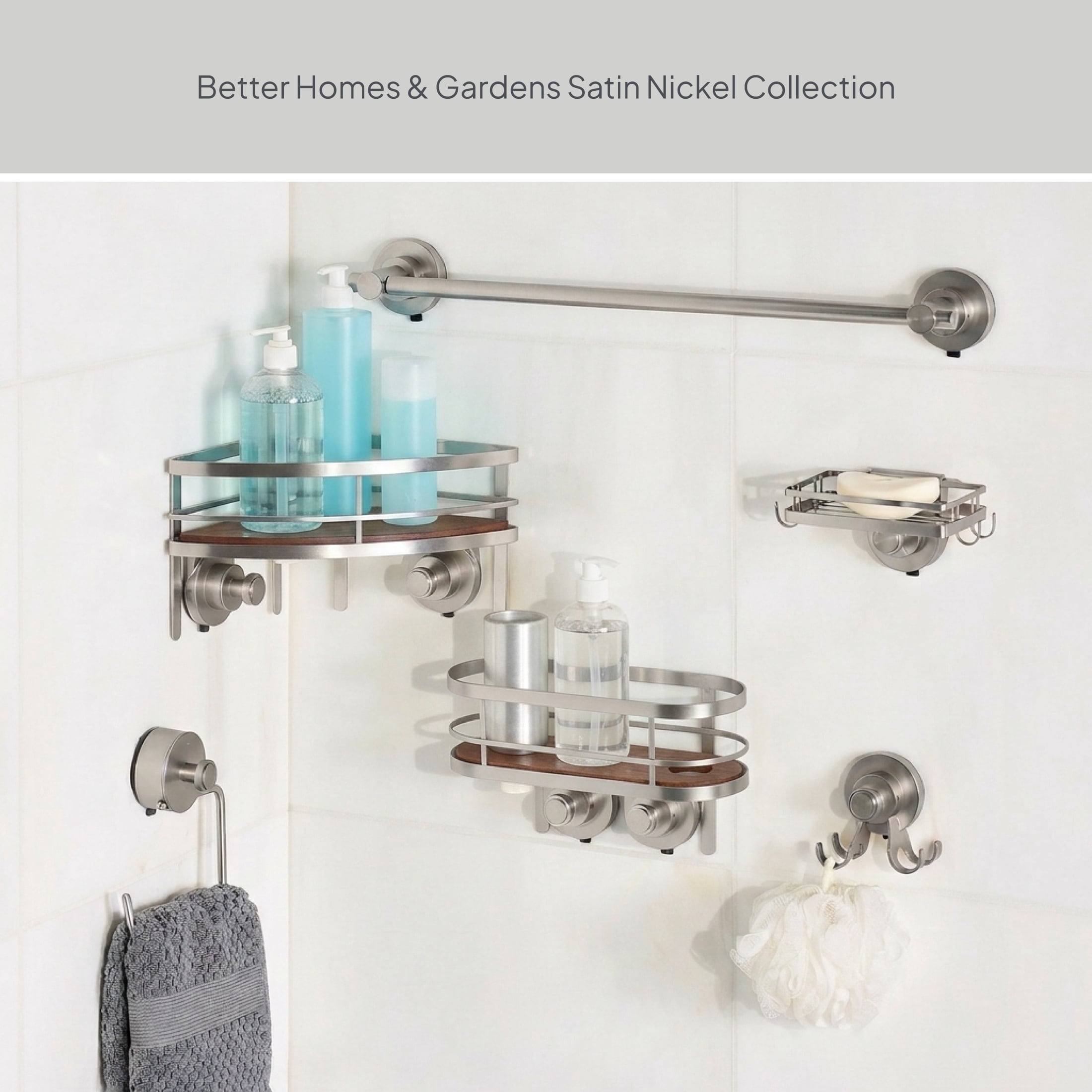 Better Homes & Gardens StyleGrip™ Suction Mount Shower Caddy with Acacia Wood Tray, Satin Nickel