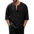 thumbnail image 3 of Mens Beach Shirts Linen 3/4 Sleeve Notch V-Neck Lightweight Breathable Summer Hawaiian Tops Fathers Gift, 3 of 6