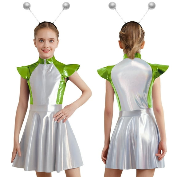 iiniim Girls Outer Space Alien Robot Carnival Movie Party Metallic Gloss Tunic Dress with Hair Hoop Fluorescent Green Silver 14