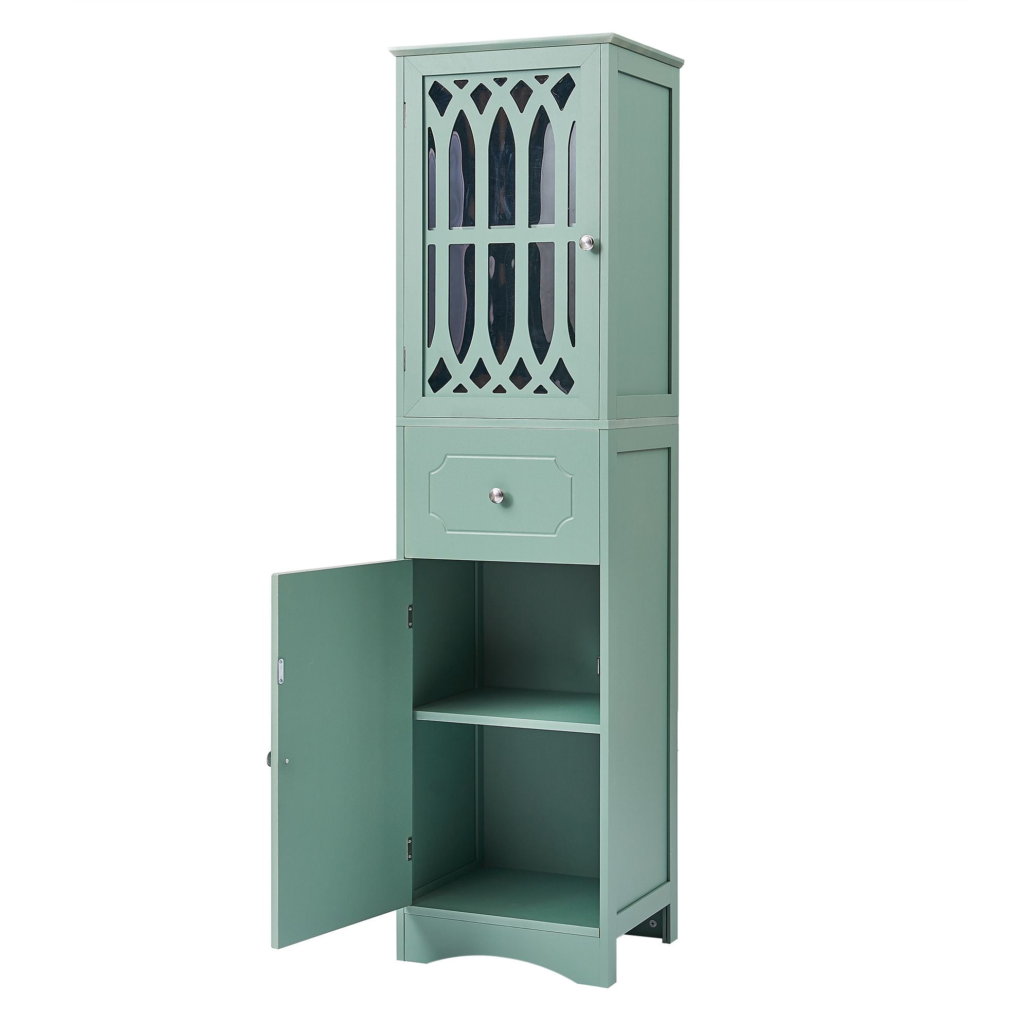 DEALTOPS Modern Bathroom Cabinet with Drawer and 2 Cabinets, Slim Freestanding Storage Cabinet with adjustable shelf for Bathroom - Green