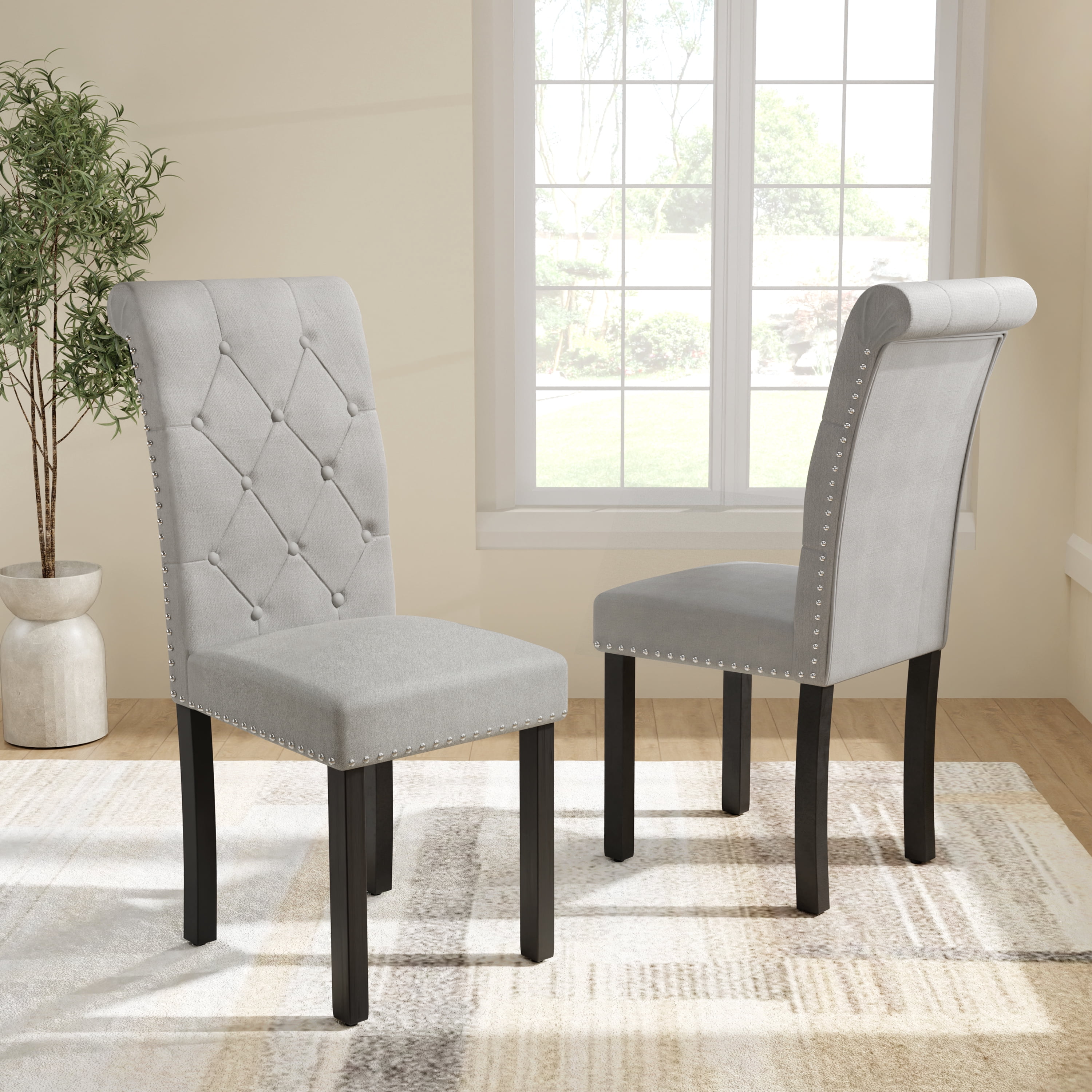 DONICK Rolled-Up High-Back Upholstered Dining Chairs With Tufted Solid Wood Legs Nailhead Trim For Home,Restaurant,Dining Room(Gray,Set of 6)