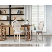 Guyou Farmhouse Dining Chairs Set of 2, French Wooden Country Upholstered Linen Oval Side Chair with Round Rattan Back for Restaurant Living Room Kitchen Dining Room, Beige