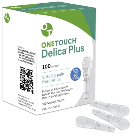 OneTouch Delica Plus Lancets for Diabetes Testing | Extra Fine 33-Gauge for Blood Test | Diabetic Supplies for Blood Sugar Monitor | For Lancing Device, 100 Count