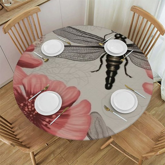 Dragonflies Flower Fitted Tablecloth Round with Elastic Edged, Floral Waterproof Wipe Clean Table Cover