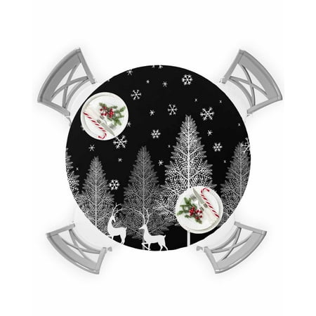 

Round Tablecloth with Elastic Christmas Tree Forest Elk Winter Snowflake Black Waterproof Table Cover Wipeable Fitted Table Cloths for 36 -44 Round Tables Dining Kitchen Indoor Outdoor Use