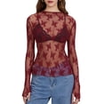 thumbnail image 2 of AIGUR Women Long Sleeve T-Shirts Polyester Mesh See-Through Mock Neck Lace Shirts Spring Fall Slim Fit Tops Streetwear, 2 of 9