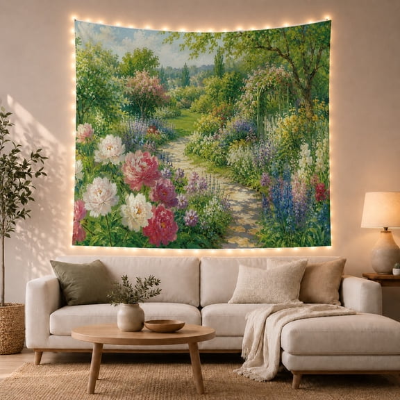 Peonies and Wildflowers in a Sunny Garden, Romantic Cottagecore Print for Home Decor Enthusiasts, Floral Impressionist Art, Birthday Gift, Tapestry Wall Hanging for Bedroom and Living Room