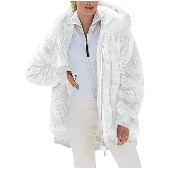 yardsong Manteau Quotidien en Sherpa pour Femme Automne Hiver 2025 Chaud à Capuche Épais en Molleton Duveteux Décontracté en Fausse Fourrure avec Poches Blanc, TG