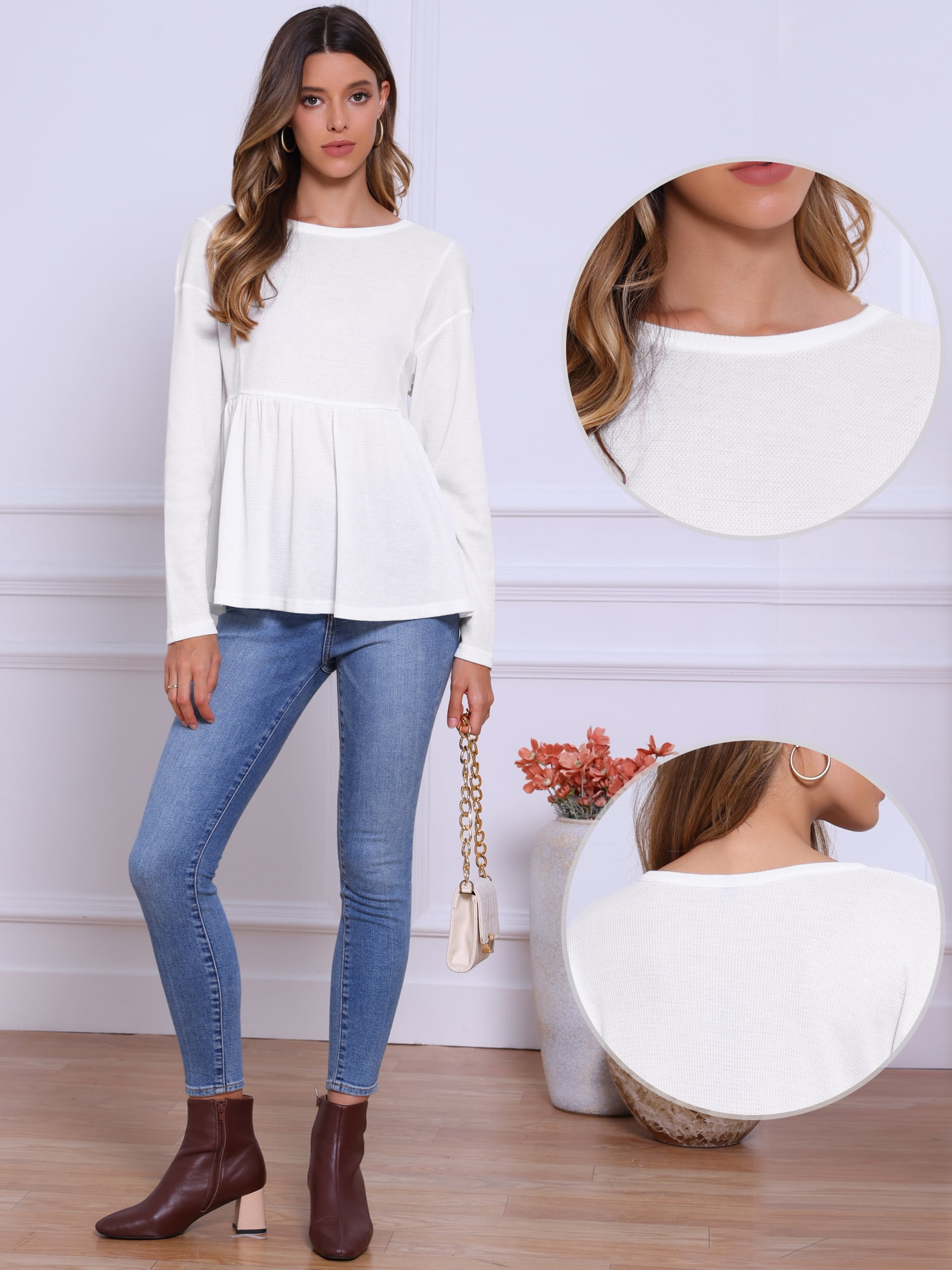 DARING DIVA Women's Waffle Knit Top Long Sleeve Babydoll Peplum Blouses XL White