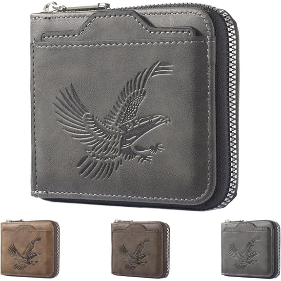 Men's Eagle Embossed Leather Wallet - Vintage Style RFID Blocking Wallet with Zipper Closure, Multiple Card Slots & ID Window, Slim Business Bifold Wallet for Men (Black) P