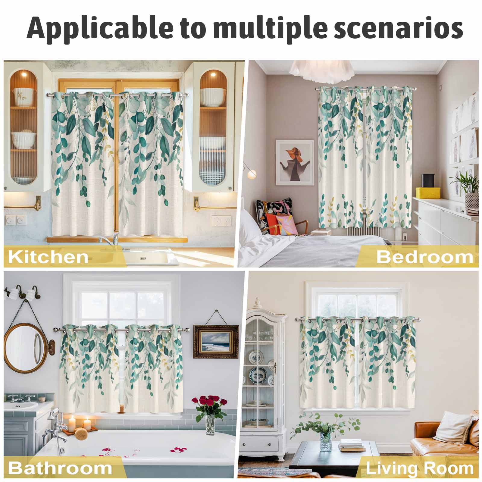 2 Panels Kitchen Tier Curtains 39 Inch Length, Teal Green Eucalyptus Grommets Window Treatment Curtain, Farmhouse Weeping Leaves Linen Thermal Curtains Drapes for Living Room/Bathroom