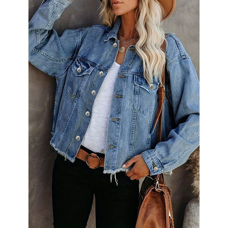 Fonma Women's Jean Jacket Frayed Washed Button Up Cropped
