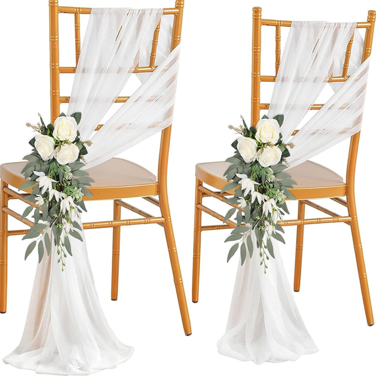 Clearance! FNGZ Artificial Simulated Pendant Wedding Aisle Chair Decorations Flowers Rose Floral Wedding Chair Back Flowers With Leaves And Ribbons Church Chair Flowers Flower Decor For Wedding White