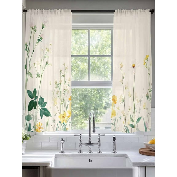 Daisy Spring Botanical Sheer Curtains for Living Room Bedroom Farmhouse Watercolor Floral Sheer Curtains 72 Inch Long 2 Panels Set Light Filtering Curtain Window Treatments Drapes for Dining Room