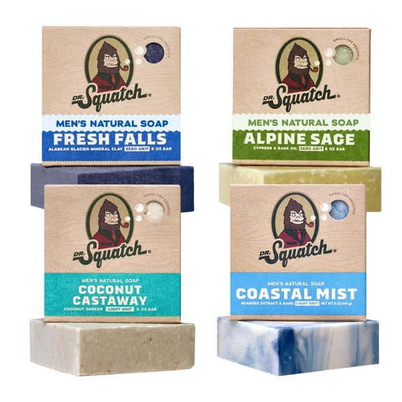 Dr. Squatch Mens Bar Soap Set, Natural Bar Soap for Men, Coconut Castaway Alpine Sage Fresh Falls Coastal Mist, 20 oz, 4 Pack, Mixed