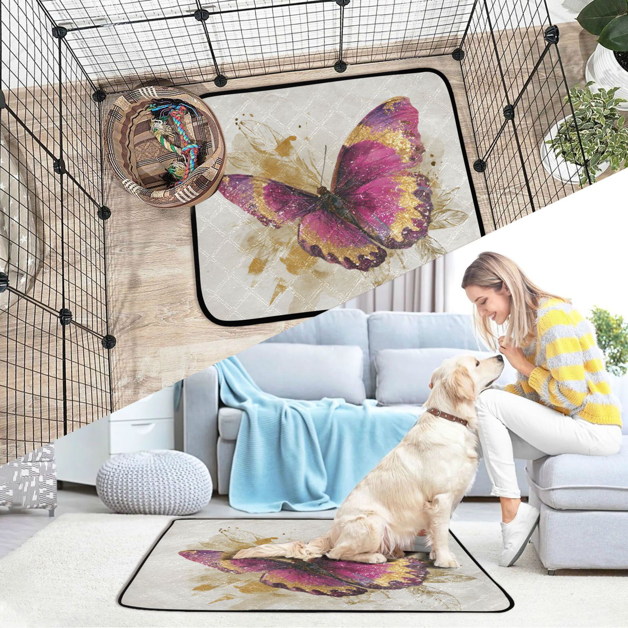 Qxltty Burgundy Butterfly Cat litter Pads Pet Set of 3 Diaper Mats Center Anti-leakage Layer Absorbent Soft and Comfortable