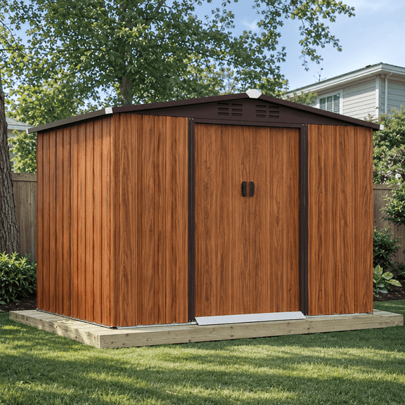 AECOJOY 8 x 6 ft. Wood Grain Outdoor Metal Storage Shed with Lockable Door Patio Garden Storage Building for Outside