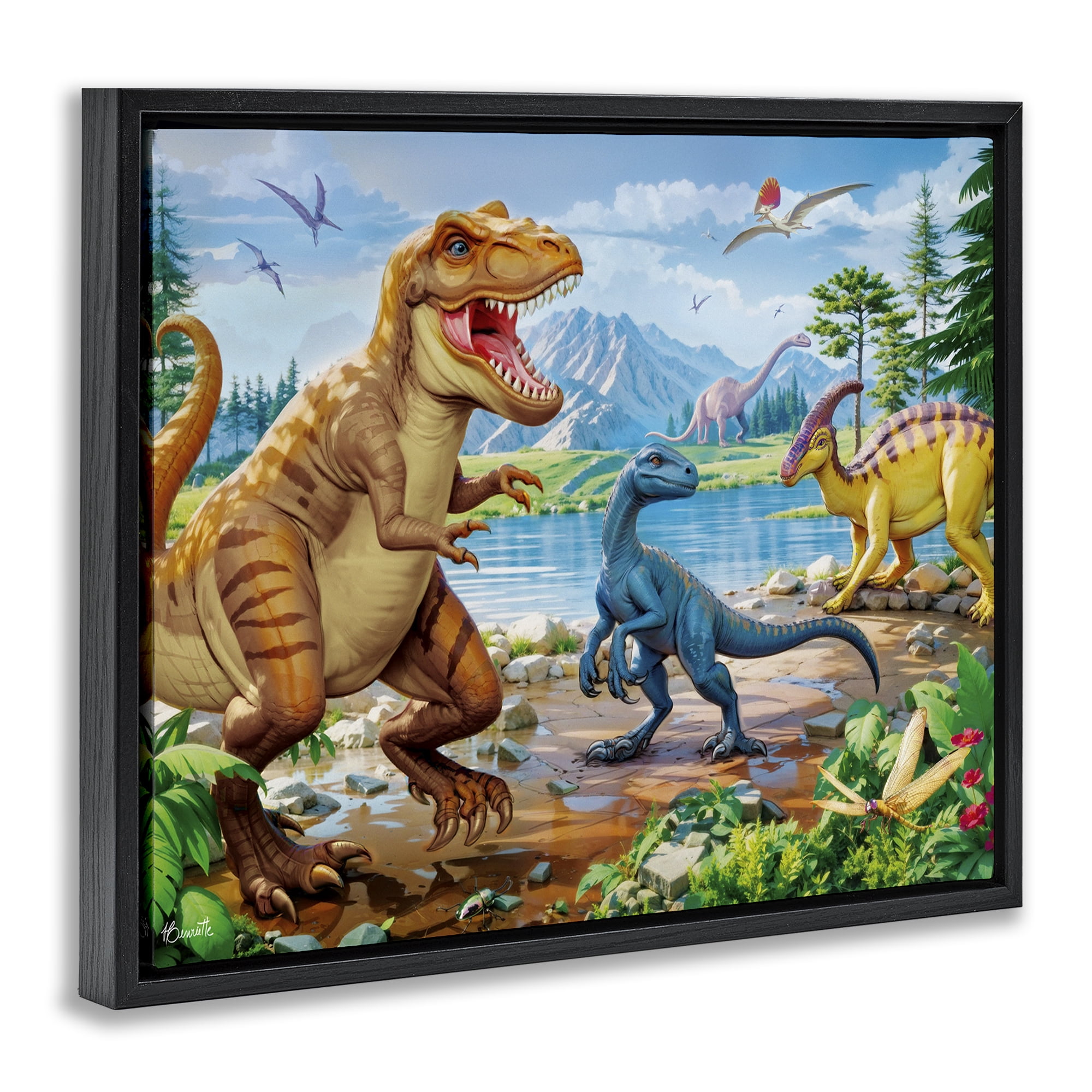 Stupell Industries Lush Jurassic Lakeside Black Framed Floater Canvas Wall Art, design by Henriette Chinaglia