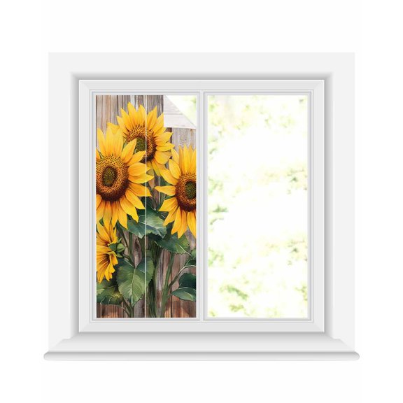 Window Privacy Film Retro Sunflower Stained Glass Window Film Decorative Sun Block Window Cover Spring Summer Vintage Botanical Wood Window Clings Static Adhesive Sticker for Bathroom 19.6"x39.3"