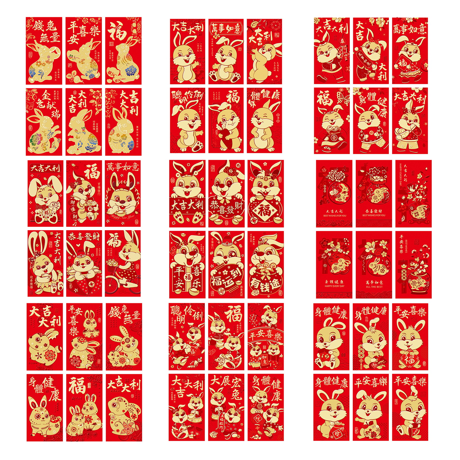 Mightlink 6pcs Red Envelope Year of The Rabbit Cartoon Pattern Best Wish 2023 New Year Bunny Print Red Envelopes for Festival