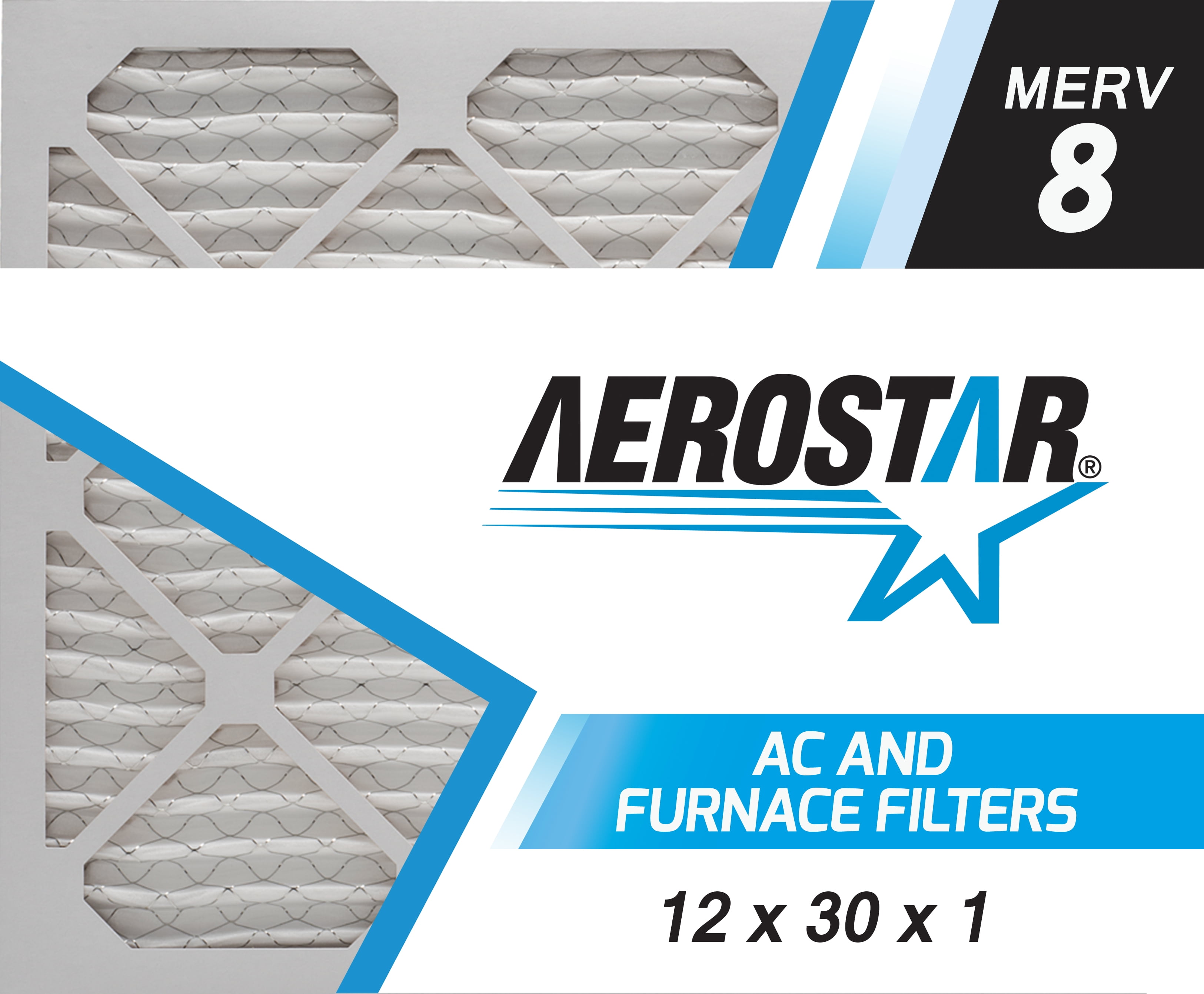 Aerostar 12x30x1 MERV 8, Pleated Air Filter, 12x30x1, Box of 6, Made in