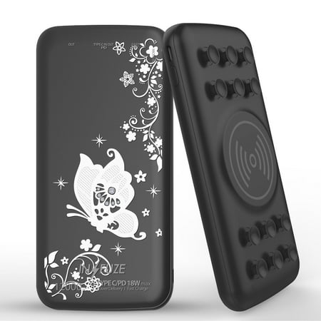 

INFUZE Qi Wireless Portable Charger for Samsung Galaxy A42 5G External Battery (12000 mAh 18W Power Delivery USB-C/USB-A 3.0 Ports Suction Cups) with Touch Tool - White Butterfly Flower Vines