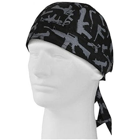 Rag Bandana Skull Cap - Doo Rag with Guns and Rifles Motorcycle Bandana Skull Cap (Black and Gray Guns)