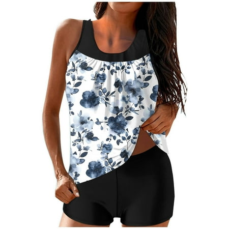 Womens Summer 2 Piece Swimsuits Long Torse Tankini Blouson Swim Top with Boyshorts Mother Modest Bathing Suit Light Blue  M