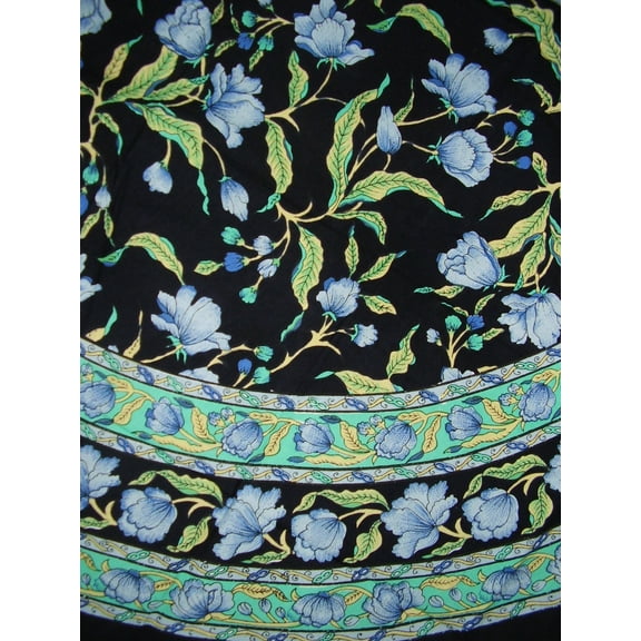India Arts French Floral Round Cotton Tablecloth 70" Blue on Black