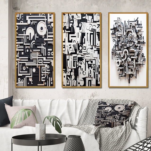 Designart "Abstract Urban Vision Black and White II" Modern Geometric Framed Wall Art Set Of 3 - Black Abstract Frame Gallery Wall Set For Home Decor