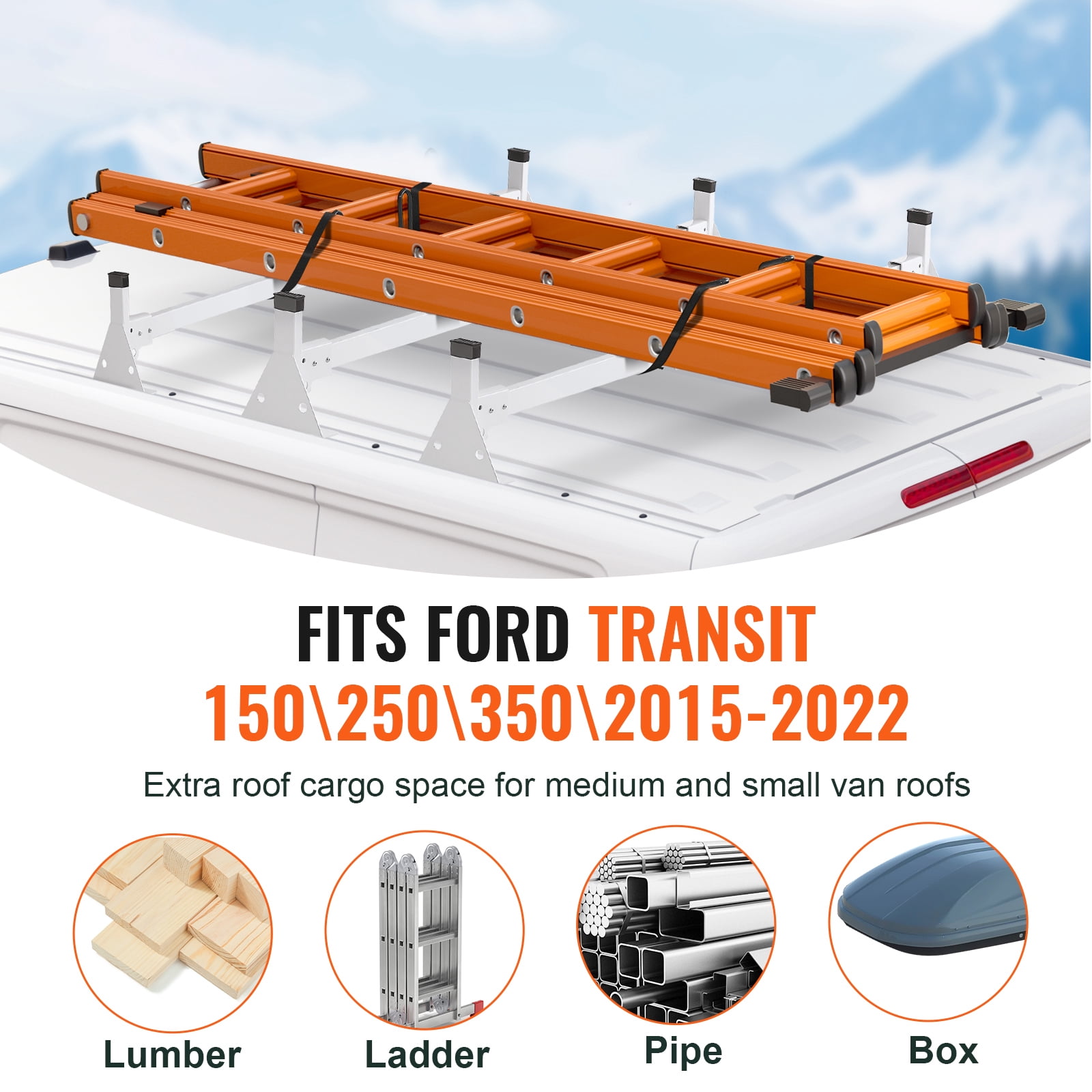 KFFKFF Trailer Ladder Holder, 54-inch Triple Crossbar Roof Rack, Durable Steel Construction, 800 lbs Load Capacity with Securing Straps, Compatible with Ford Transit 150, 250, 350, Models 2015-2022