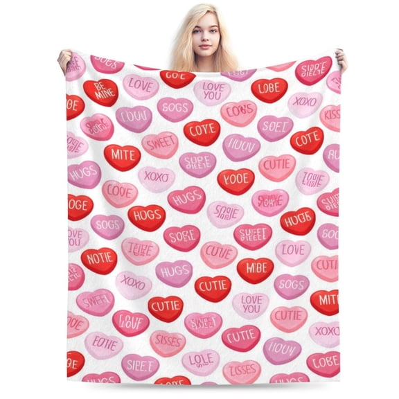 Valentine Flannel Blanket Throw, Pink Hearts with Words Soft Fuzzy Plush Cozy Fleece Blankets for Couch Sofa Bed Lounging, Ideal Gifts for Kids Adults Wife Self 50x40