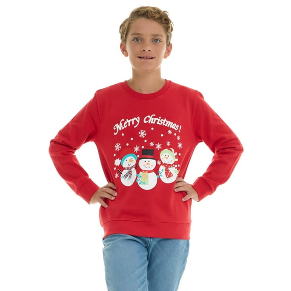 Sezzit Boys’ Christmas Sweatshirt – Clasic Cozy Xmas Fleece Pullover with Festive Holiday Graphics – Red Snowmen -Size 14/16