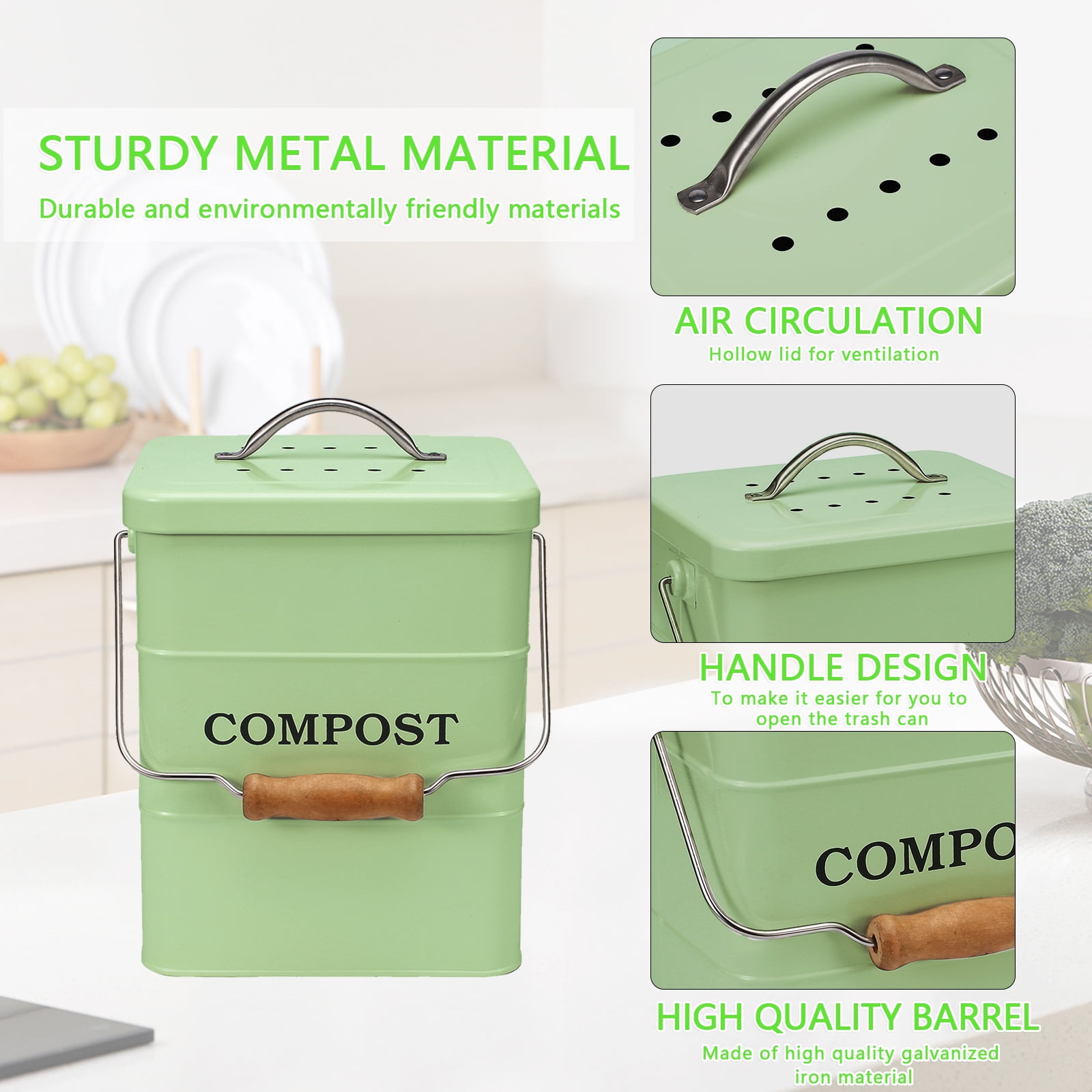 Pethiy 1 Gallon Compost Bucket for Kitchen, Countertop Indoor Compost Pail with Charcoal Filter for Odor-Free Food Scraps, Carbon Steel with Handles, Green