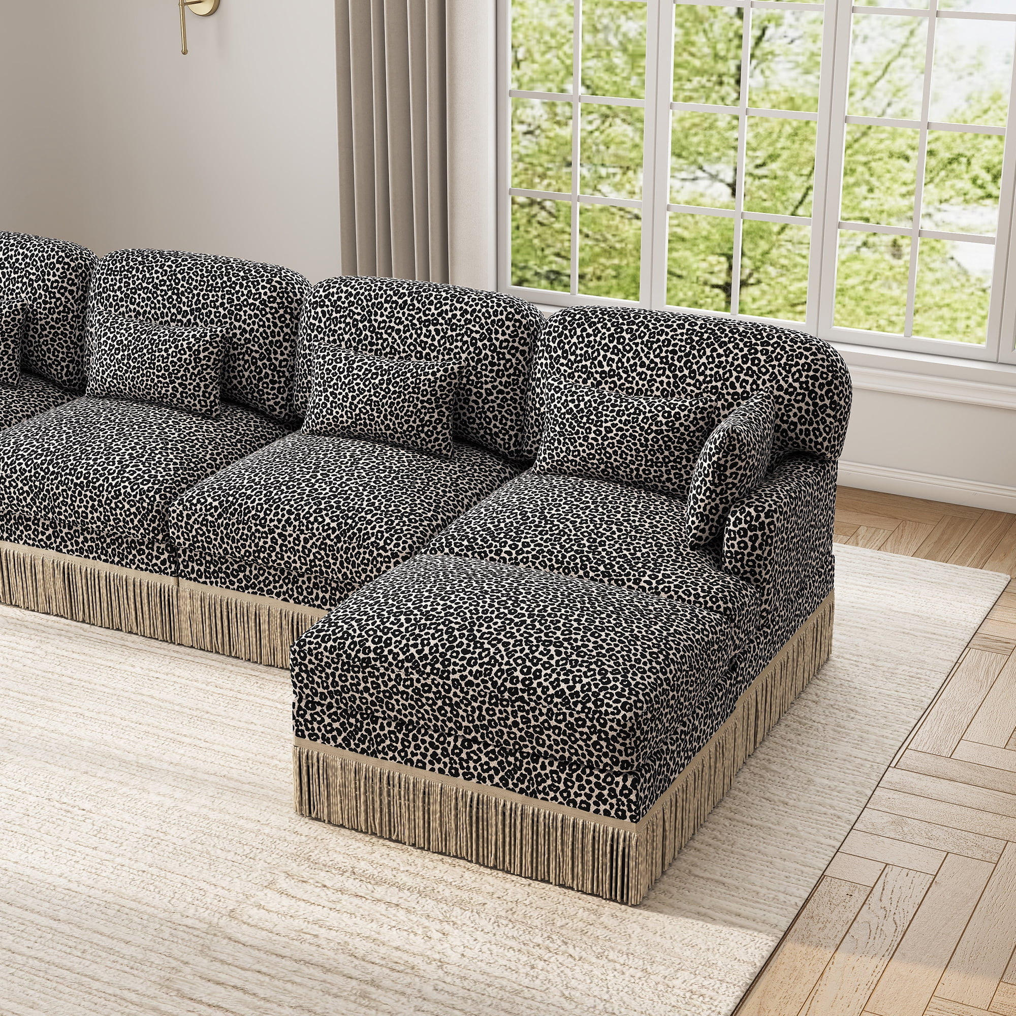 97" U Shaped Leopard Chenille 5 Seater Corner Sofa Couches with 2 Throw Pillows and 4 Lumbar Pillows