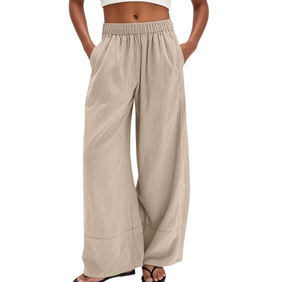 Womens Linen Pants Summer Wide Leg Pants High Waisted Flowy Palazzo Pant Boho Cotton Linen Beach Pants Brown XL