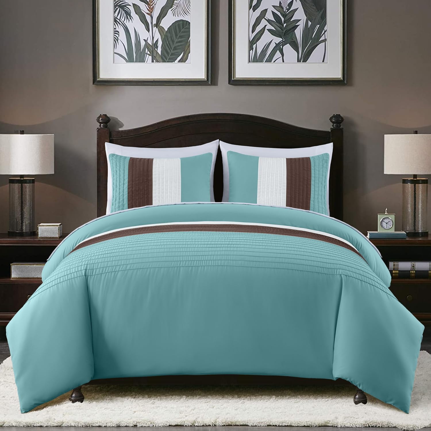 Chezmoi Collection Briar 7-Piece Queen Bed in a Bag Comforter Set with Sheets - Lightweight Comforter Blue Brown Beige Luxury Pleated Stripe Bedding Set for All Season