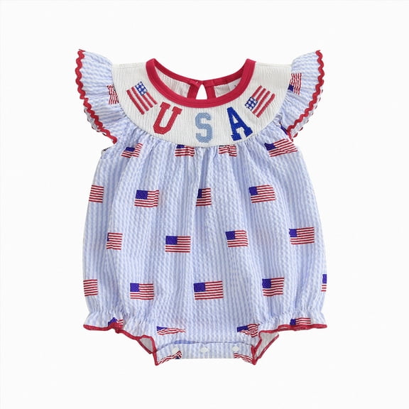 BOBOGOJP Baby Girl 4th of July Outfits Newborn USA Bubble Smocked Romper Tutu Dress Ruffle American Flag Memorial Day Outfit(Blue, 12-18 Months)