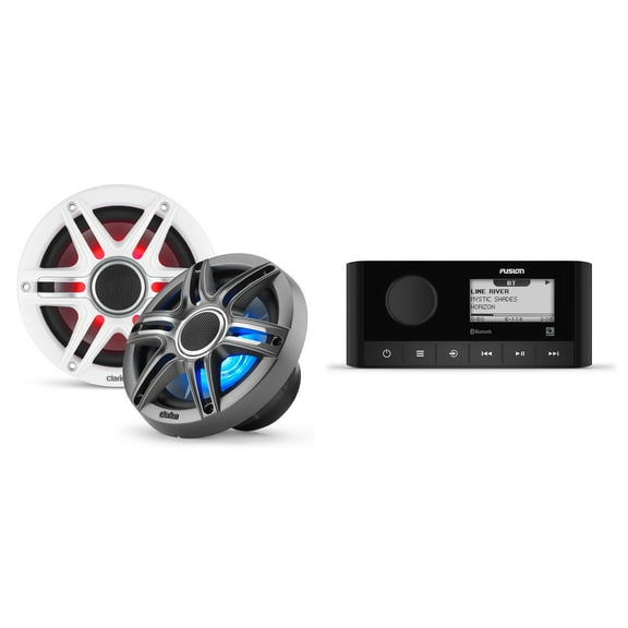 Fusion MS-RA60 Source Unit w/ Clarion CMSP-651RGB-SWG Premium 6.5-inch Coaxial Marine Speakers with built-in RGB illumination ( Includes White & Gray Sport Grilles)