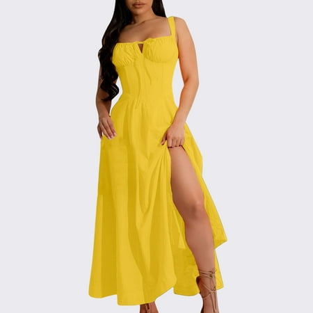 Usdian Graduation Dress Square-neck Sleeveless Casual Dresses Plus Size Summer Dresses Summer Dresses for Women Boho Dresses Casual Solid for Beach Yellow XXL Summer Clearance Sale