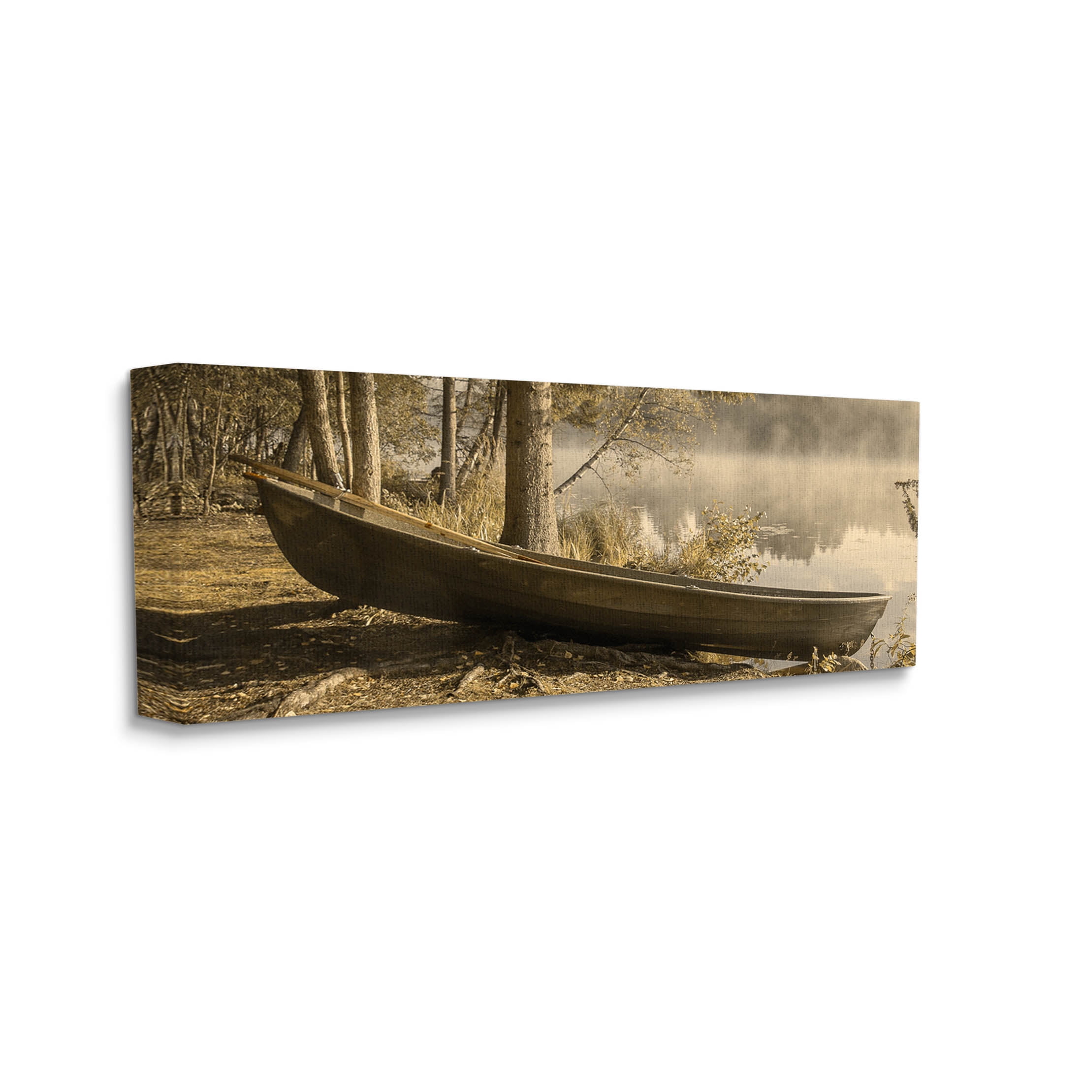 Woodland Lake Shore Canoe Landscape Photograph Gallery Wrapped Canvas Print Wall Art