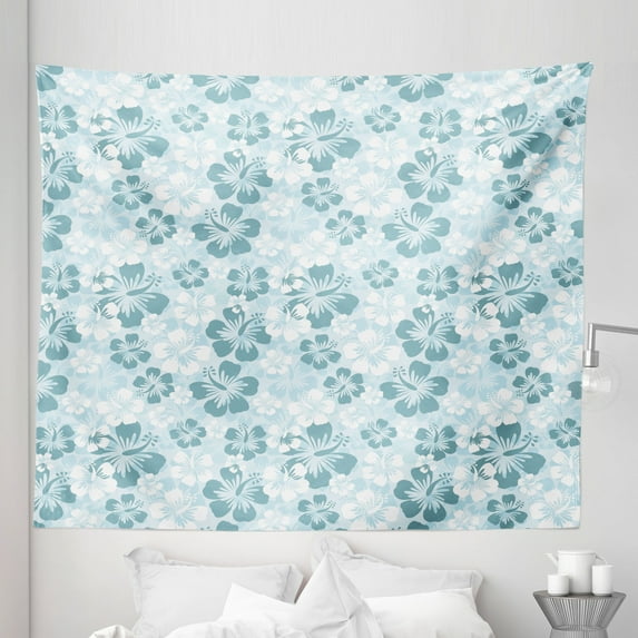 Hawaii Tapestry, Flower Silhouettes Spring Season Faded Floral Arrangement Blooming Nature, Fabric Wall Hanging Decor for Bedroom Living Room Dorm, 5 Sizes, Pale Blue Turquoise, by Ambesonne