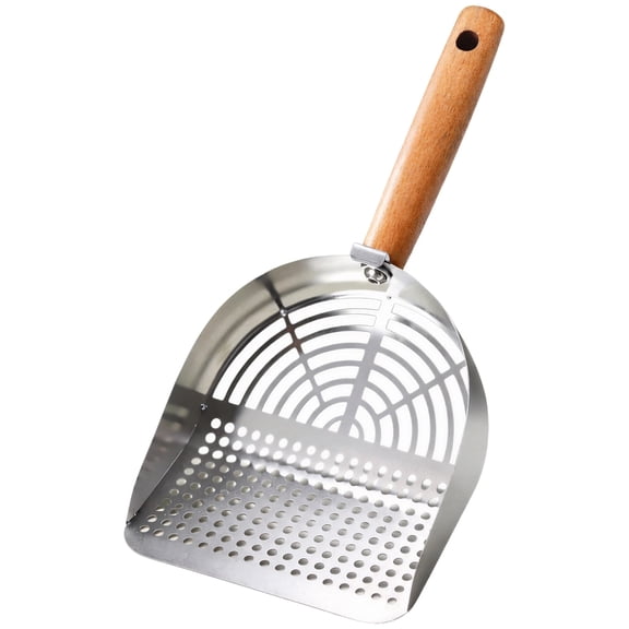 Stainless Steel Cat Litter Scoop with Wooden Handle, Metal Kitty Litter Scooper with Round Holes, 304 Long-Lasting Rustproof Pet Waste Shovel, Sifter for All Cat Litters