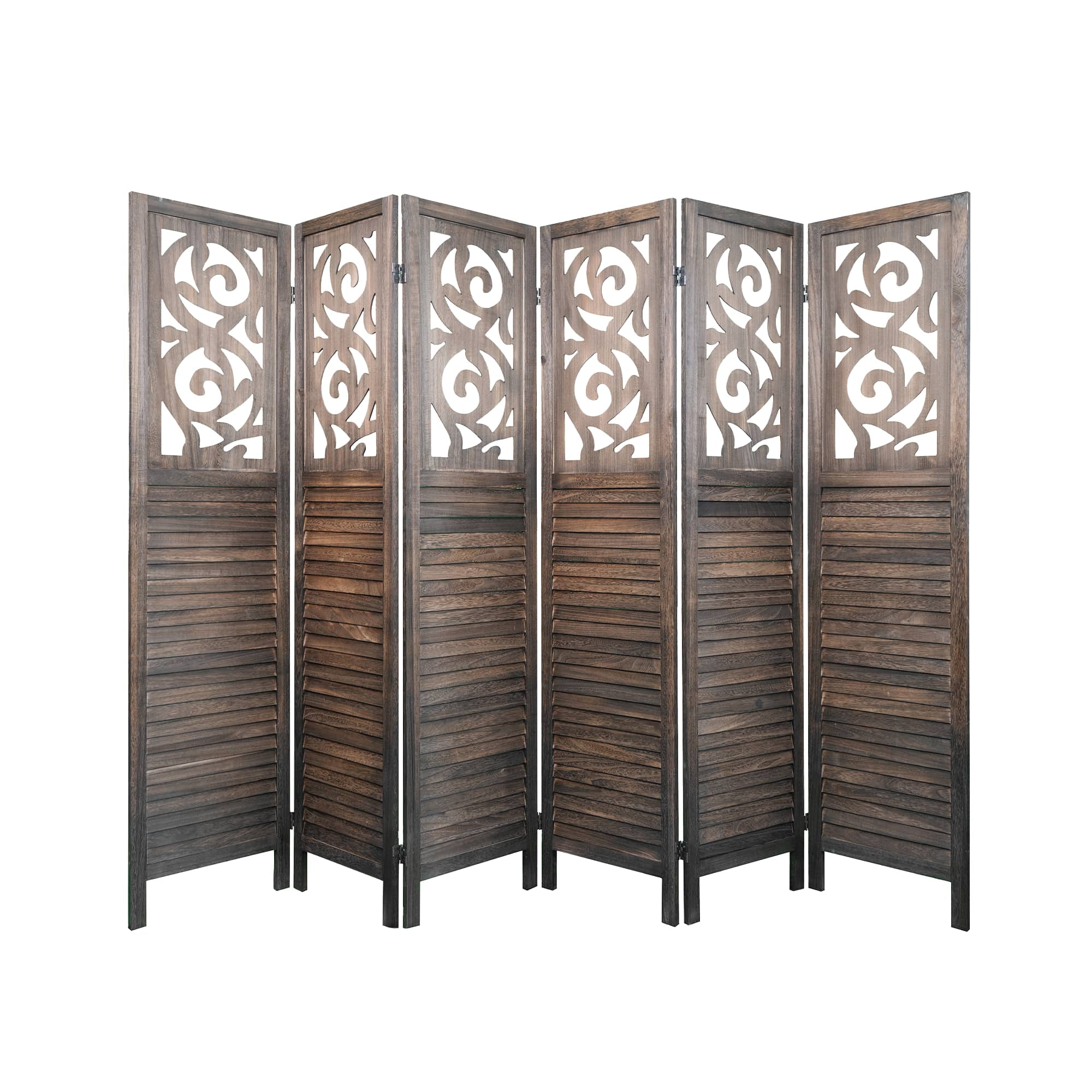 MAYEERTY 6 Panel Freestanding Room Dividers, 6FT Carved Wood Folding Privacy Screens, Rustic Brown
