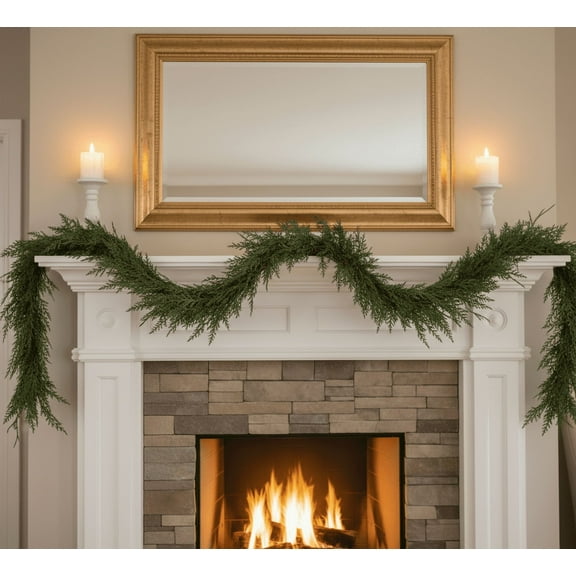 9ft Real Touch Cypress Christmas Garland, Artificial Soft Pine Greenery Vine for Mantle, Realistic Holiday Hanging Decoration for Winter Home Fireplace Window Xmas Decor
