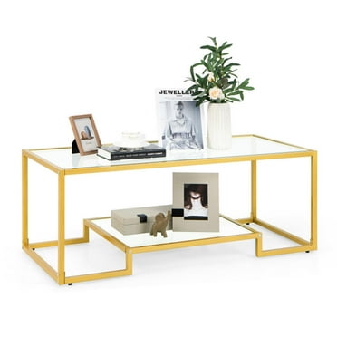 Finihen Coffee Table, Glass Coffee Table, Modern 2-Tier Rectangular Coffee Table with Glass Table Top, for Living Room, Reception Room, Golden