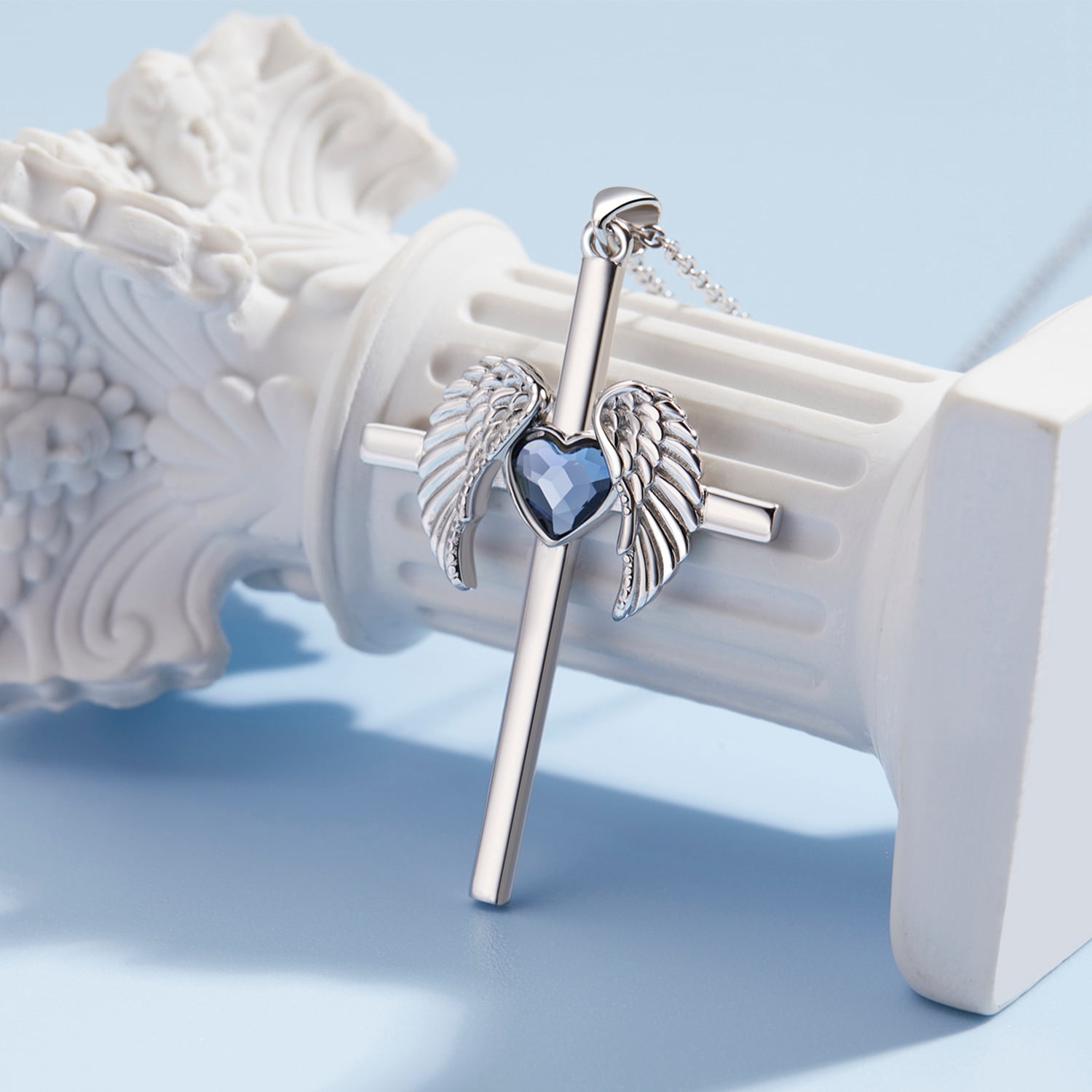 Coachuhhar Cross Necklace 925 Sterling Silver Angel Wings Pendant Necklace with Heart Blue Crystal Cross Jewelry Gifts for Women