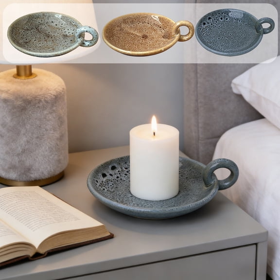 Ceramic Candlestick Tray Candle Holder Plate – Vintage Style Candle Platter for Home Decor, Dining Table, Spa – Blue/Green/Yellow, 4.72 in Round