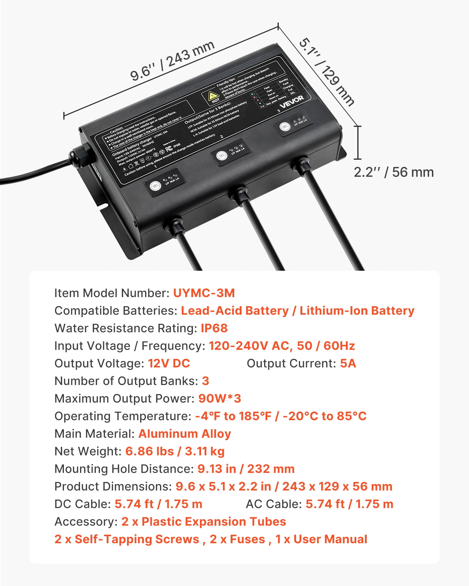 VEVOR Marine Battery Charger, 3-Bank, 5A 12V Onboard Boat Charger, IP68 Waterproof Smart On-Board Battery Charger, for Lithium-Ion (LiFePO4), NCM, Lead-Acid Batteries, Large Boat,Yacht,RV,Trailer