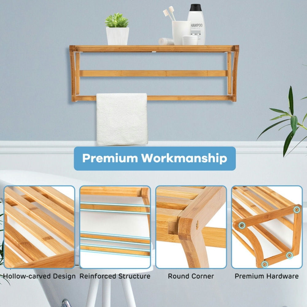 Finihen Wall Mounted Towel Rack, Towel Holder, Bamboo Towel Bar Wall Mounted Storage Towel Rack Bathroom Shelf, for Bathroom, kitchen, Natural
